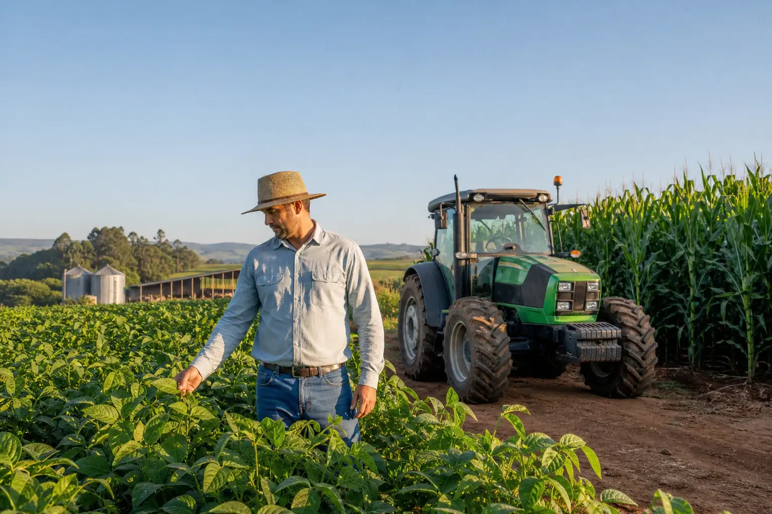Produtor inspecionando a lavoura ao lado de um trator, representando seguro rural